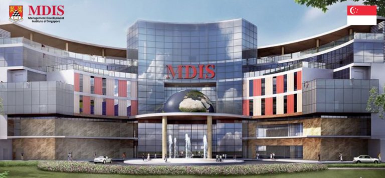 Modern architecture of the management development institute of singapore featuring a glass facade, colorful panels, and a large globe monument at the entrance.