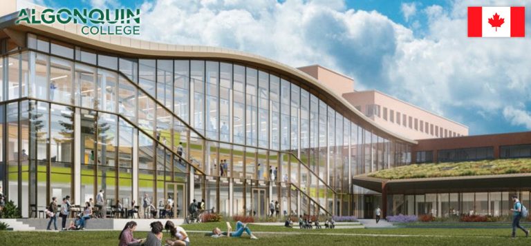 Modern algonquin college building with large glass facade and students lounging on the grass, canadian flag in the top right corner.