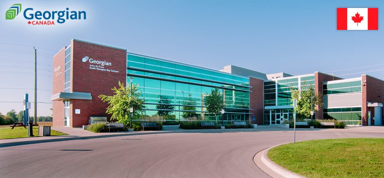 Modern georgian college building in canada with a clear sky, featuring a canadian flag, and the college's logo on a sunny day.