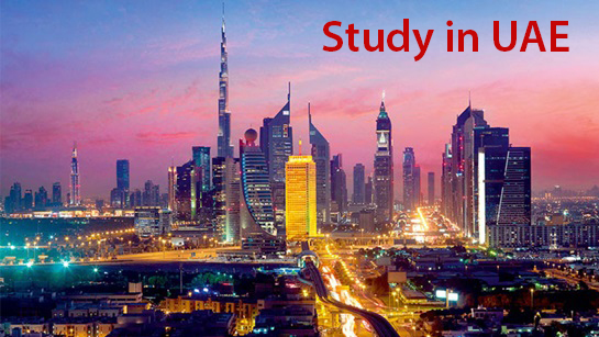 Skyline of dubai at twilight with illuminated skyscrapers and text "study in uae" overlaid.