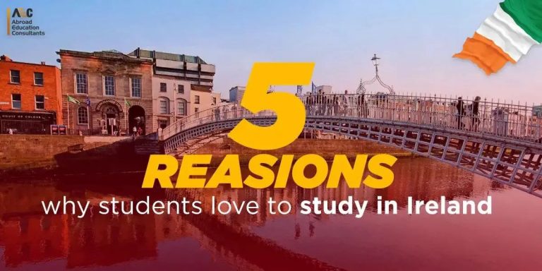 Promotional image featuring the ha'penny bridge in dublin, ireland, with text '5 reasons why students love to study in ireland' and an irish flag.
