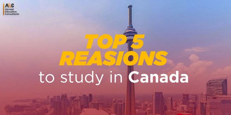 Promotional image featuring toronto's skyline with the cn tower, overlaid with text "top 5 reasons to study in canada.
