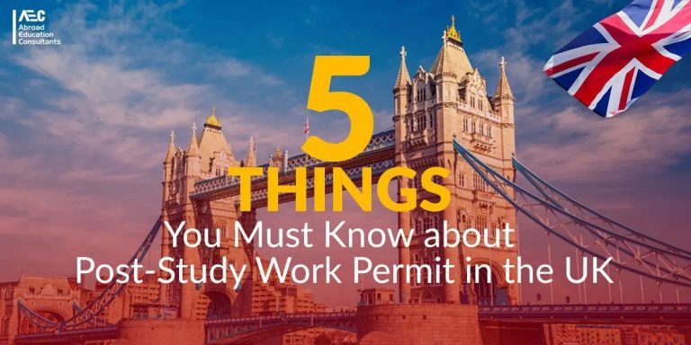 Promotional image featuring tower bridge in london with text "5 things you must know about post-study work permit in the uk" and a uk flag in the top right corner.