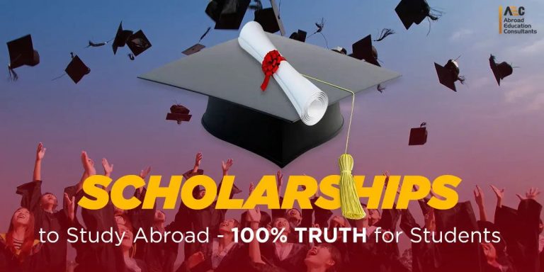 Large text "scholarships to study abroad - 100% truth for students" overlaid on image of graduates throwing caps in air with a diploma and cap centered.