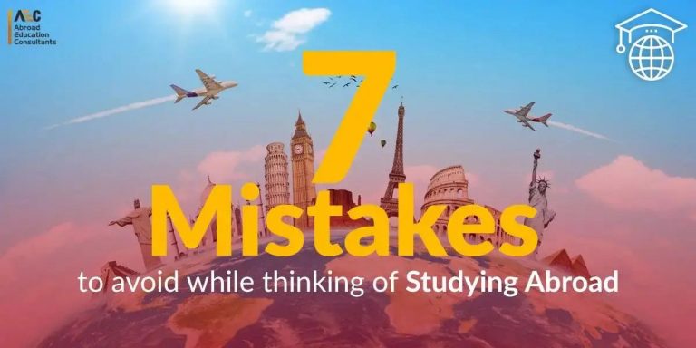 Promotional image highlighting "7 mistakes to avoid while thinking of studying abroad" with iconic global landmarks and airplanes in the background.