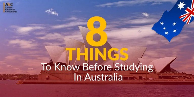 Graphic titled "8 things to know before studying in australia" with an image of the sydney opera house and australian flags under an orange sky.