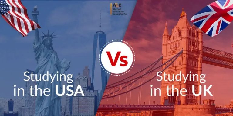 Promotional graphic comparing studying in the usa versus the uk, featuring the statue of liberty and tower bridge with respective flags.
