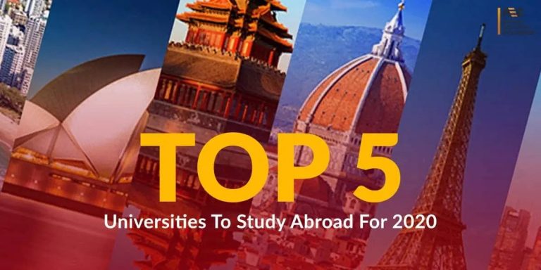 Collage featuring iconic landmarks—the sydney opera house, a pagoda, florence cathedral, and the eiffel tower—with text 'top 5 universities to study abroad for 2020'.