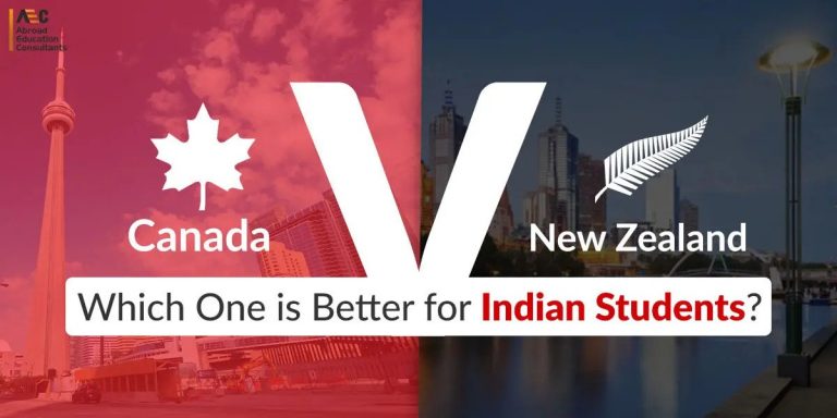 Split image comparing canada and new zealand, asking which is better for indian students, featuring iconic landmarks from both countries.