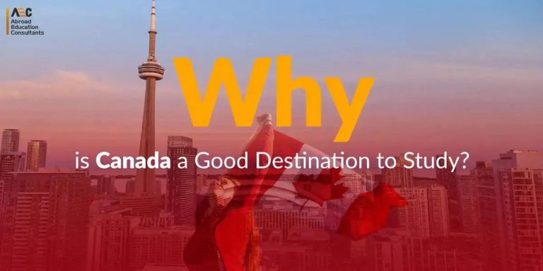 An advertisement asking "why is canada a good destination to study?" featuring the cn tower and a faded canadian flag in the background.
