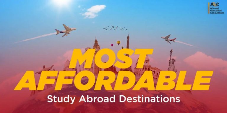 Promotional image for affordable study abroad destinations featuring iconic global landmarks, colorful hot air balloons, and airplanes in a sky with a gradient from pink to blue.