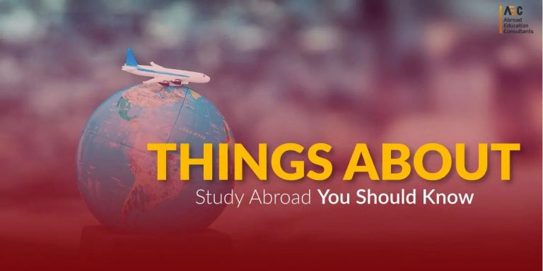 Airplane flying over a globe with text "things about study abroad you should know" on a blurred red background.