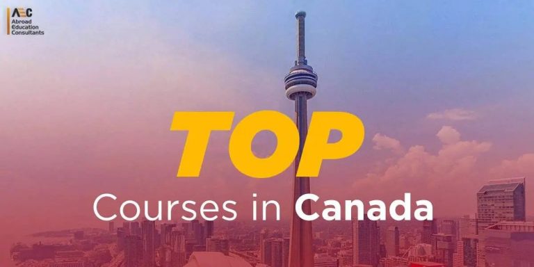 Promotional image featuring the cn tower in toronto with a purple and orange sky, overlaid with the text "top courses in canada.