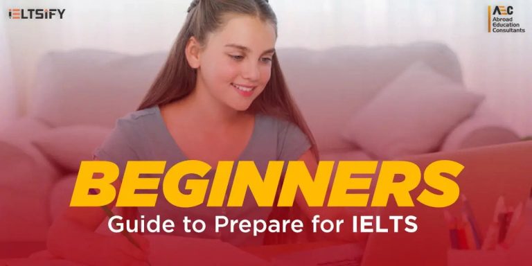 Young woman sitting on a couch, smiling as she looks at a laptop, with text overlay "beginners guide to prepare for ielts.