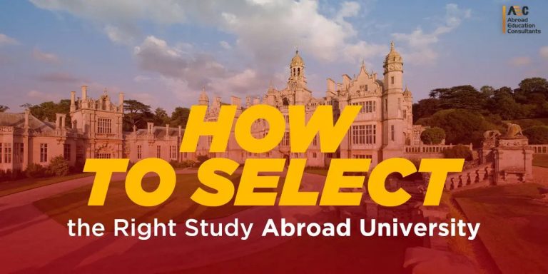 Banner image featuring a majestic university building with the text "how to select the right study abroad university.