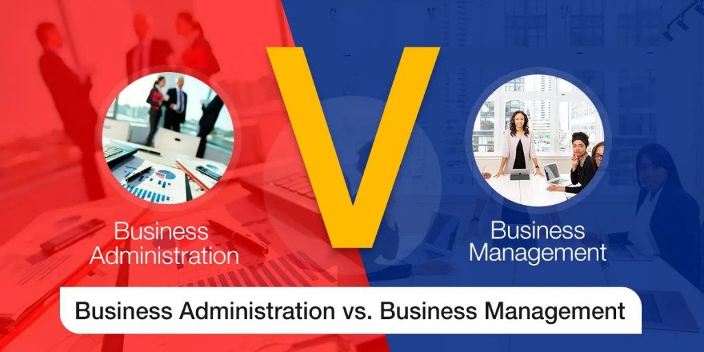 Split graphic compares "business administration" and "business management," each side featuring professionals in office settings, highlighted with red and blue tones respectively.