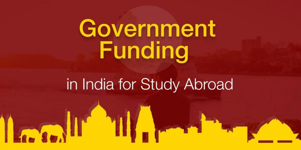 Banner with text "government funding in india for study abroad" over a yellow silhouette of indian landmarks and an elephant.
