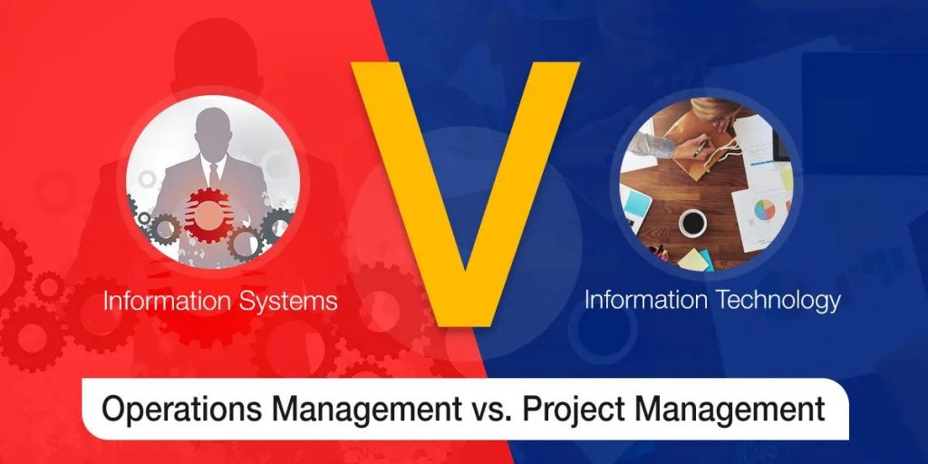 Graphic comparing operations management and project management, featuring icons of gears, a silhouette, and people working at a desk, with red and blue backgrounds.