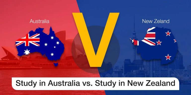 Graphic comparing studying in australia versus new zealand, featuring maps with flags and city backdrops in split red and blue design.