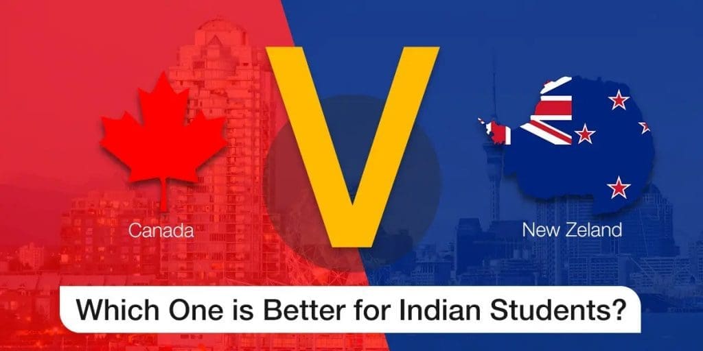 Comparative graphic questioning which country, canada or new zealand, is better for indian students, with respective flags and a large vs symbol.