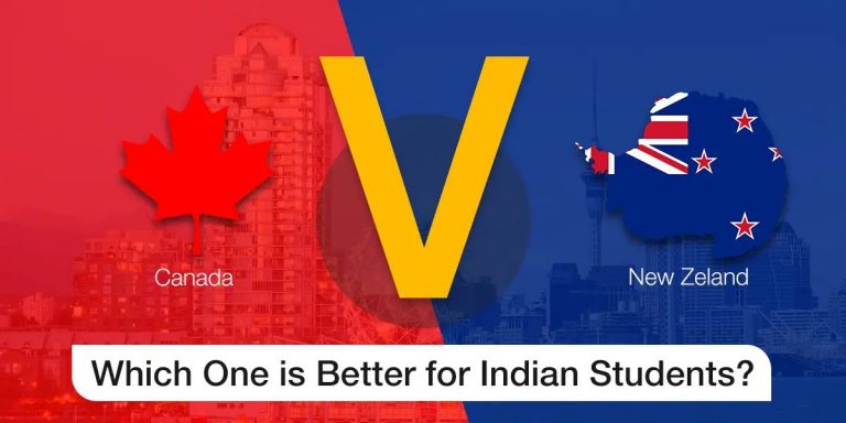 Comparative graphic questioning which country, canada or new zealand, is better for indian students, with respective flags and a large vs symbol.
