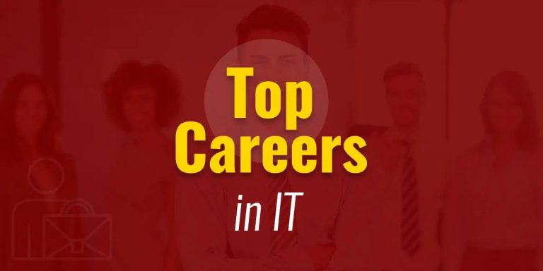 Graphic featuring text "top careers in it" overlaying an image of a diverse group of professionals fading into a red background.