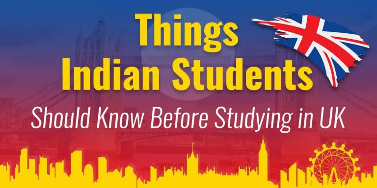A graphic titled "things indian students should know before studying in uk" featuring an overlay of uk landmarks and the british flag.
