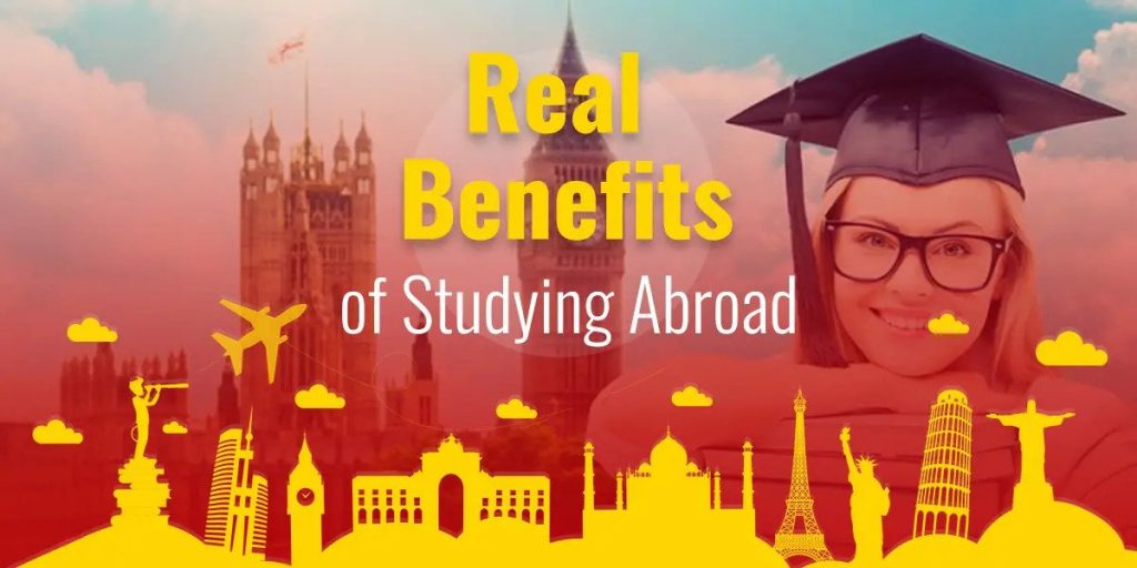 Promotional graphic highlighting the "real benefits of studying abroad" with an illustration of landmarks and a smiling graduate in cap and glasses.