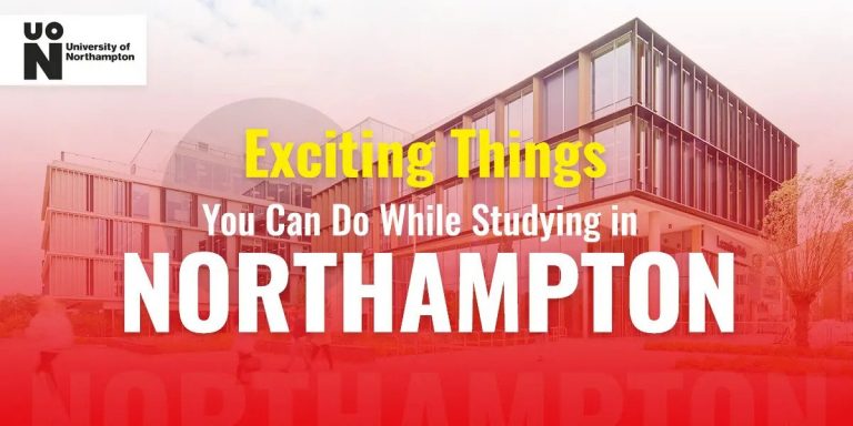 Promotional image for university of northampton featuring a modern campus building with the text "exciting things you can do while studying in northampton.