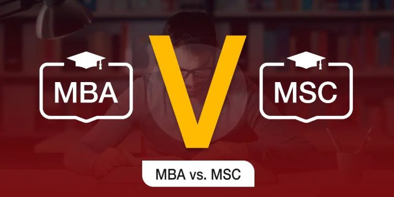Graphic comparing mba and msc with a v between them and an image of a stressed student studying in the background.