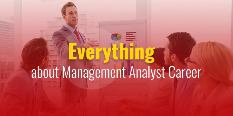 A business presentation with a man pointing to charts, and colleagues watching in an office setting, overlaid text reads "everything about management analyst career".