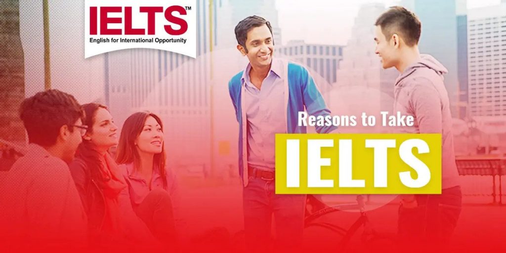 Promotional graphic for ielts showing diverse group of people having a conversation, with text "reasons to take ielts".