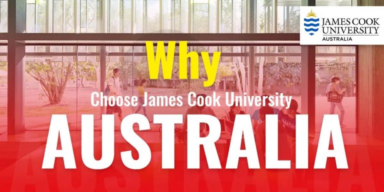Promotional image for james cook university australia featuring students walking behind vibrant red window frames with text "why choose james cook university australia".