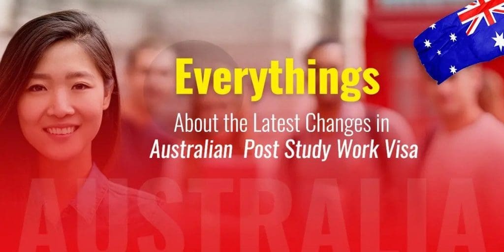 Asian woman smiling in a crowd with an australian flag and text about changes in australian post-study work visa.