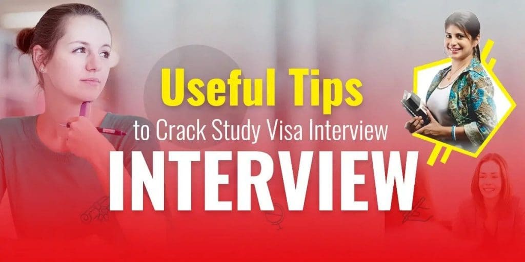 Banner with three women, one contemplating, one holding books, and one smiling, titled "useful tips to crack study visa interview.