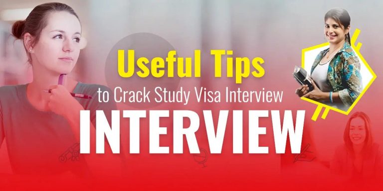 Banner with three women, one contemplating, one holding books, and one smiling, titled "useful tips to crack study visa interview.