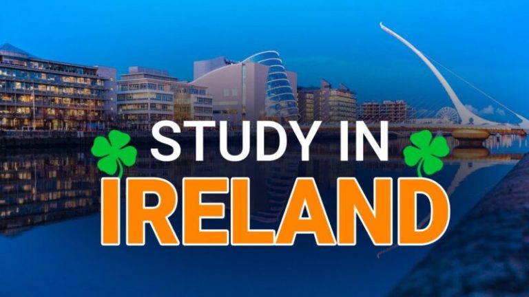 Promotional image for studying in ireland, featuring a modern waterfront cityscape at twilight with the text 'study in ireland' and shamrock icons.