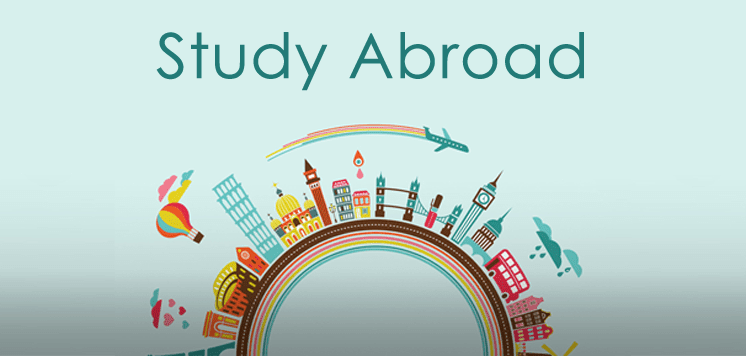 Graphic displaying the words "study abroad" above a colorful illustration of an arching rainbow featuring symbols of international landmarks and travel, set against a pale blue background.