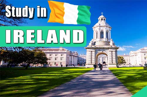 Promotional image featuring the text 'study in ireland' with an irish flag, set against the backdrop of an iconic university building on a sunny day.