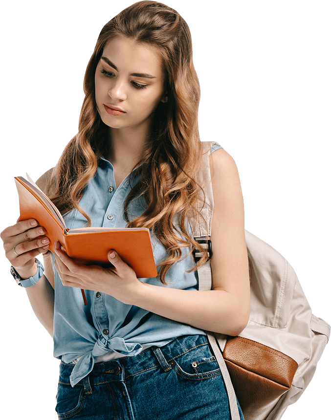 A young woman with a backpack reading a book intently about overseas education consultants, isolated on a black background.