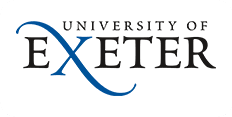 Logo of the university of exeter, featuring the name in dark blue with a stylized letter e in light blue.