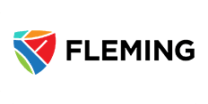 Logo of fleming featuring a colorful abstract shield design next to the word "fleming" in black uppercase letters.