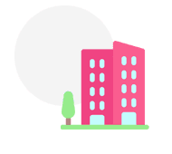 Graphic of pink high-rise buildings with green accents next to a small green tree, representing universities in Dublin, all against a white background.