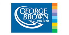 Logo of george brown college featuring a stylized letter 'g' in white on a blue background, accented with a multi-colored vertical stripe on the right.