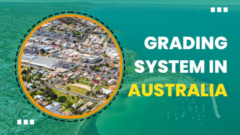Aerial view of an australian coastal town with text overlay "grading system in australia" inside an orange circle.