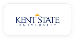 Logo of kent state university featuring blue text and a golden sun above the text.