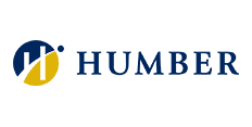 Logo of humber college featuring a stylized blue and gold letter "h" next to the word "humber" in blue uppercase letters.