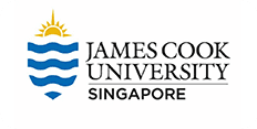 Logo of james cook university singapore featuring a stylized sun over blue waves alongside the name of the university.