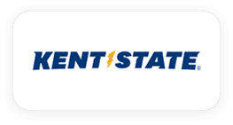 Logo of kent state university featuring blue text "kent state" with a yellow and black abstract design between "kent" and "state".