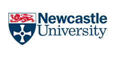 Logo of newcastle university featuring a shield divided into four with a lion and a book, accompanied by the university's name in blue text.